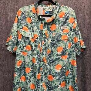 Magellan Outdoors Orange Citrus Print Fishing Shirt L dadcore gorpcore oranges